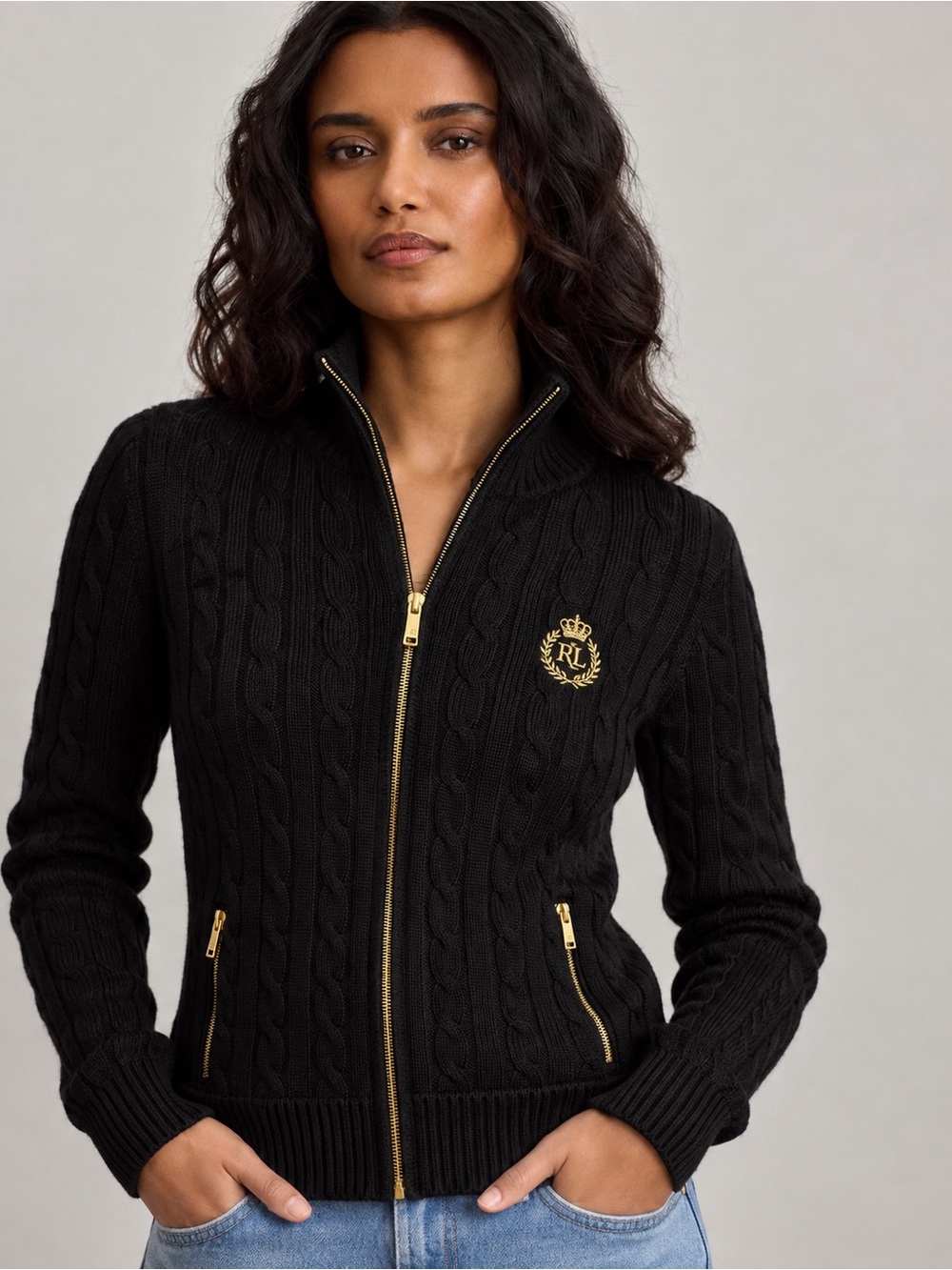 Lauren Ralph Lauren Cable Knit Full Zip Cardigan Black Gold Crest Women XS